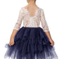 2Bunnies Girl Peony Lace Back A-Line Tiered Tutu Tulle Flower Girl Dress (Navy Sleeve Short, 6)