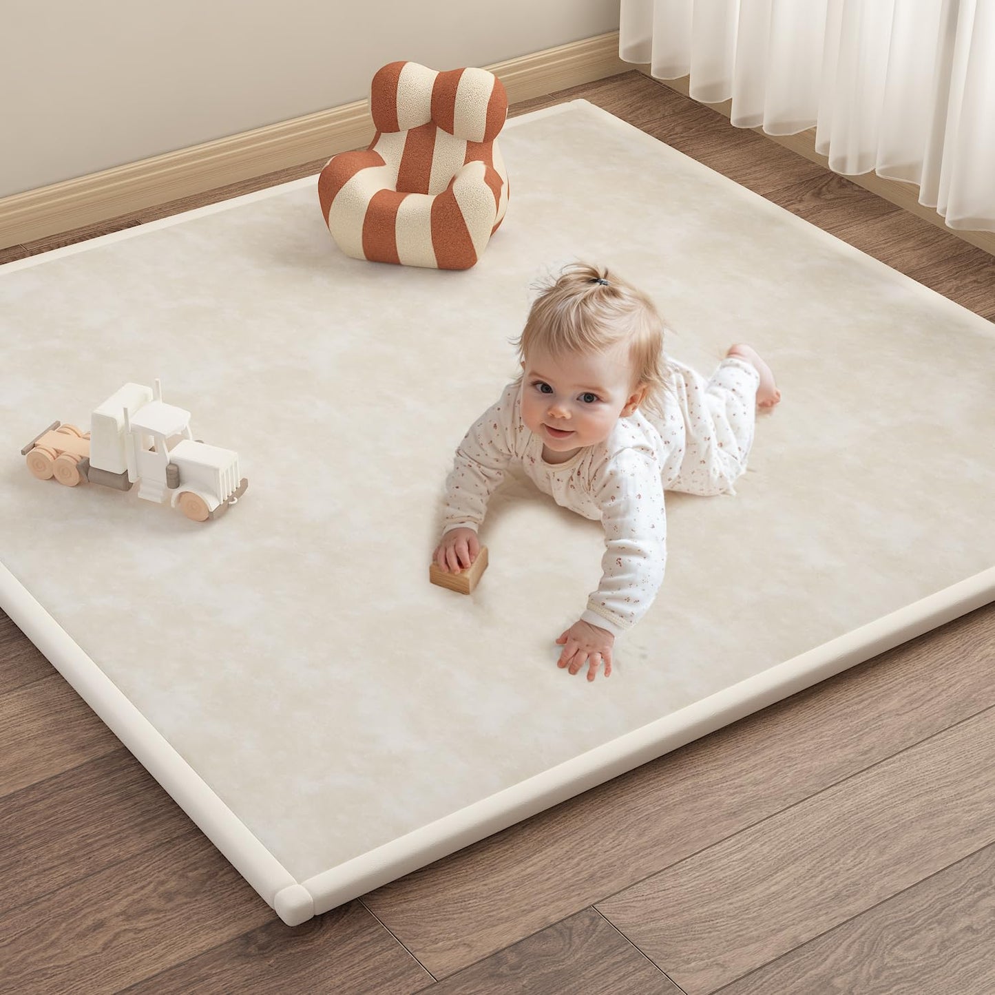 Baby Play Mat for Floor - 1.3 Inch Thick Memory Foam, Soft Coral Fleece Surface, Non-Slip Bottom - Perfect for Playtime, Tummy T