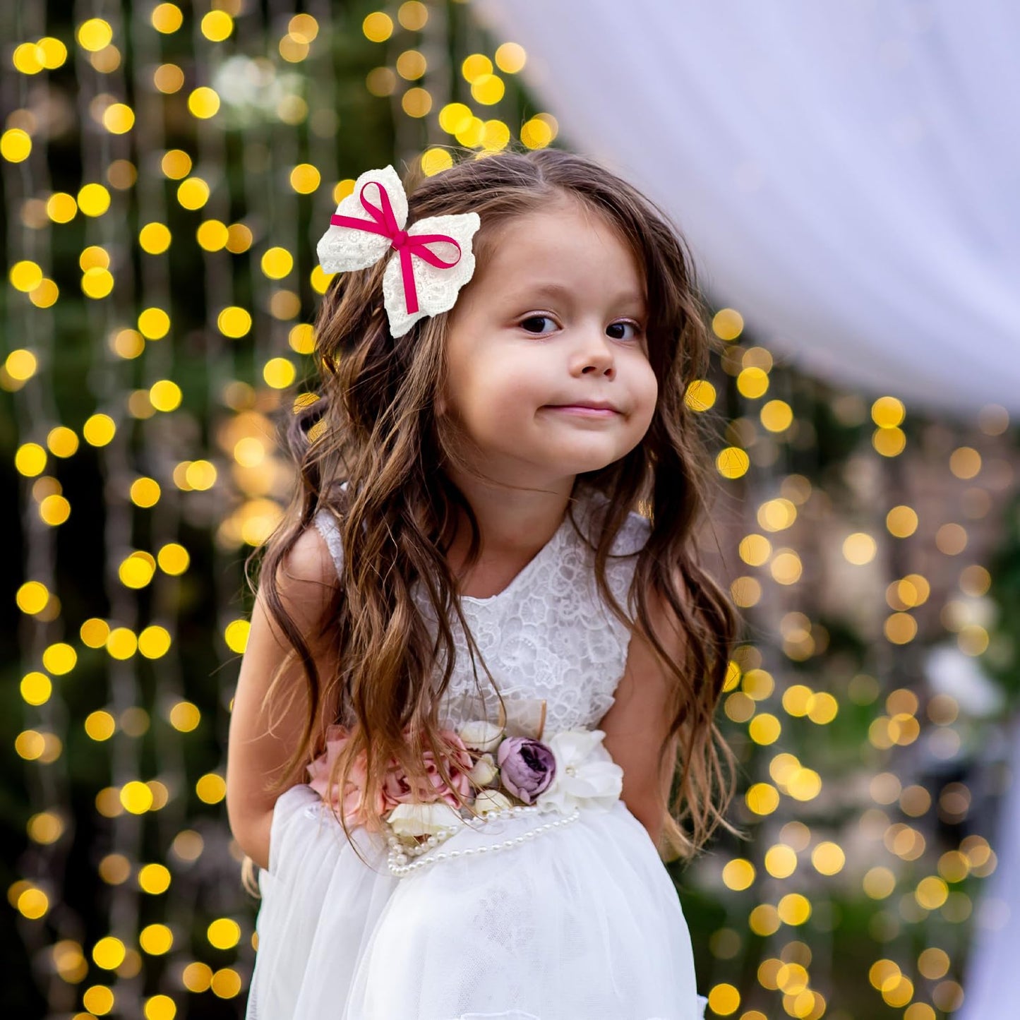 Lmymhmlm 2Pcs Lace Hair Bows For Girls, White Lace With Hot Pink Hair Ribbons, Alligator Bow Hair Clips, Handmade Hair Accessori