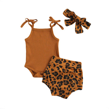 Kuriozud Newborn Infant Baby Girl 2 Piece Summer Outfits Tank Bodysuit Top + Ruffle Bloomer Shorts Set Clothes (Leopard Brown, 1