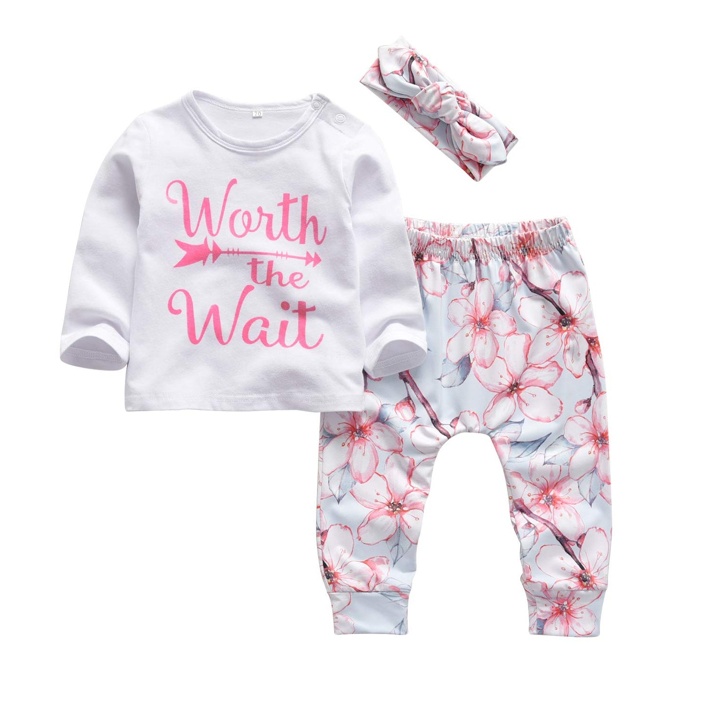 Kukitty 3Pcs Baby Girl Outfits Set Worth The Wait Long Sleeve T-Shirt Tops Flowers Pants With Headband (0-6 Months)