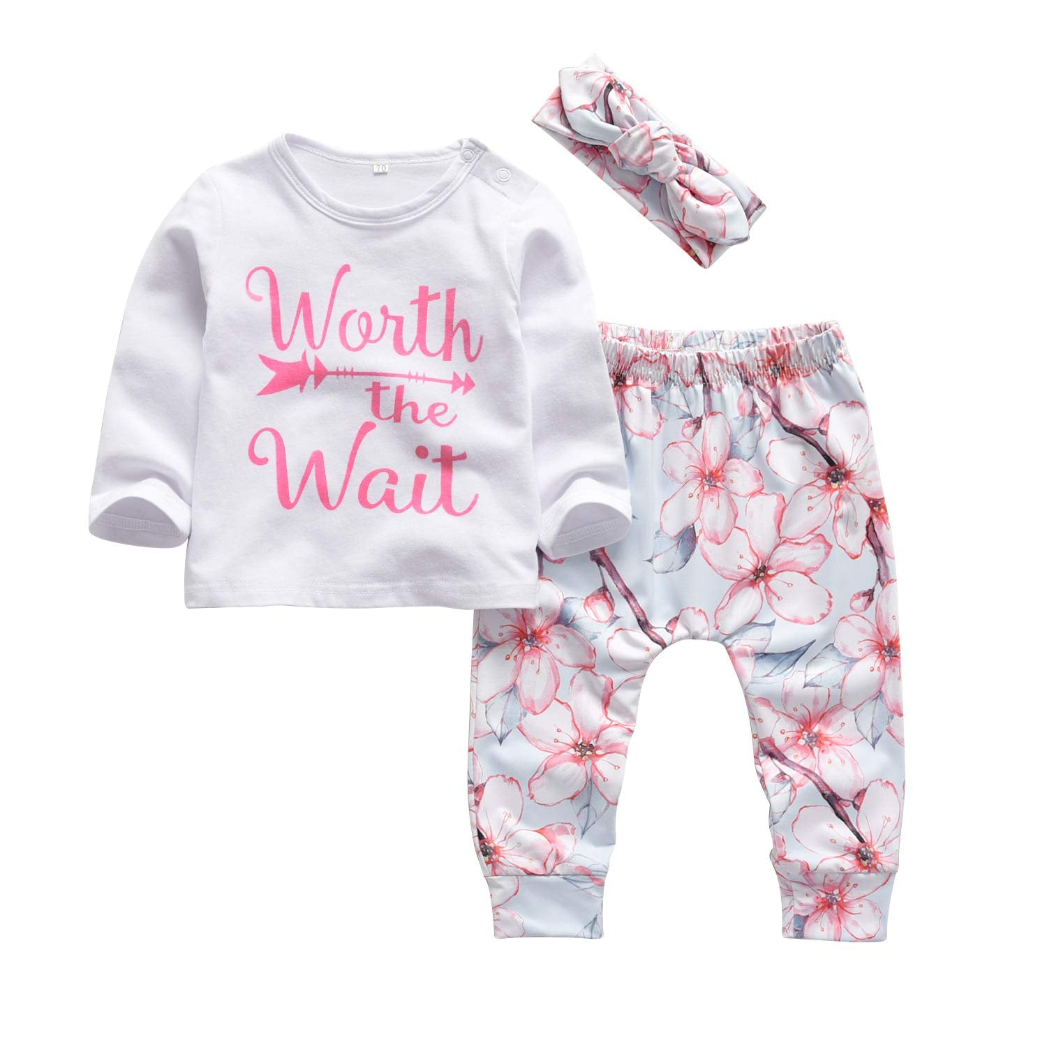 Kukitty 3Pcs Baby Girl Outfits Set Worth The Wait Long Sleeve T-Shirt Tops Flowers Pants With Headband (0-6 Months)