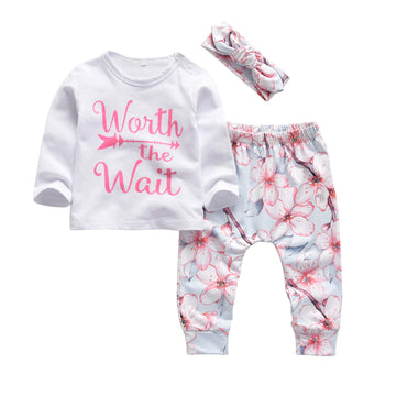 Kukitty 3Pcs Baby Girl Outfits Set Worth The Wait Long Sleeve T-Shirt Tops Flowers Pants With Headband (0-6 Months)