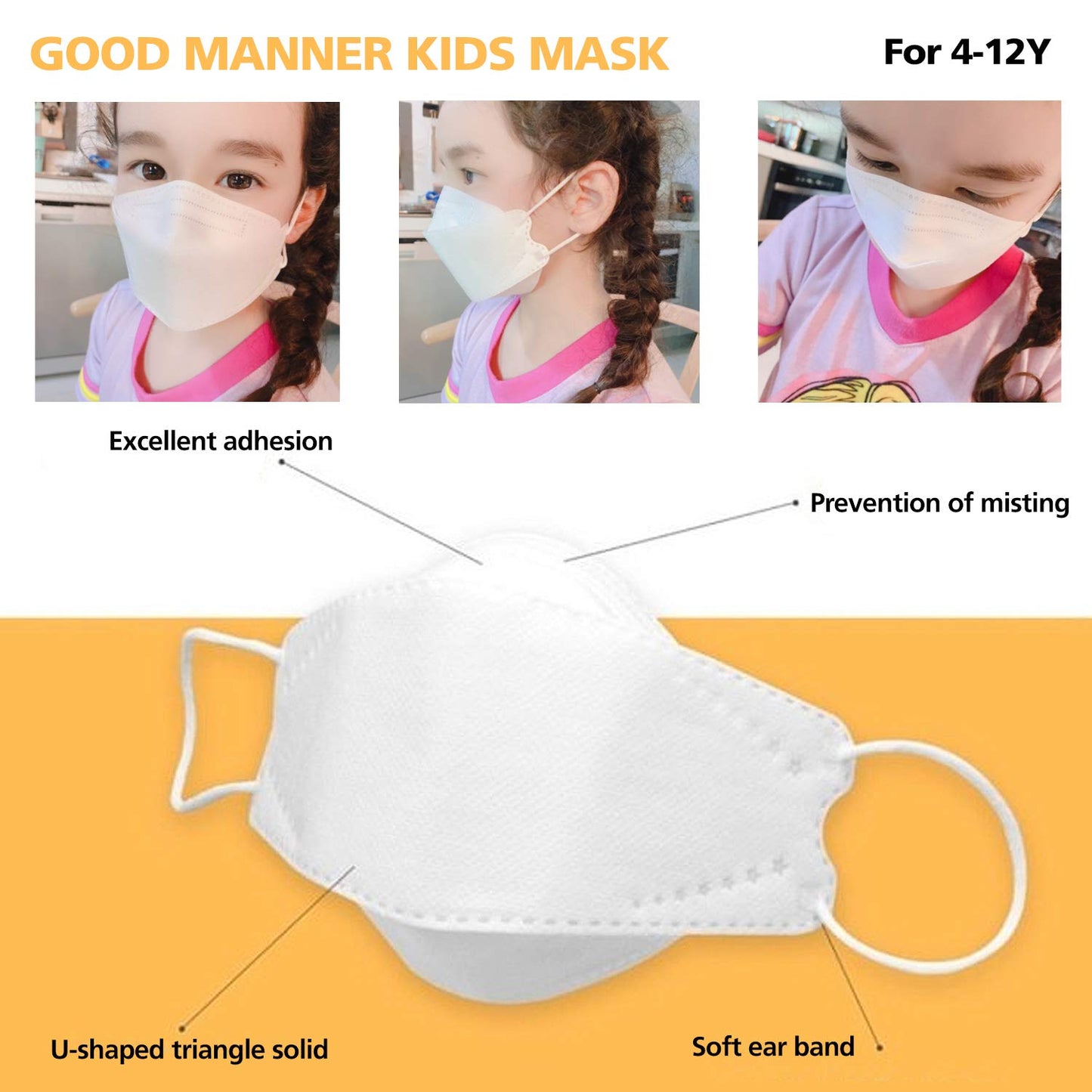 KF94 Kids Disposable Face Mask, White 30 Pack, Breathable Mask with Soft Ear Band for 4Y-12Y Boys and Girls - Good Manner