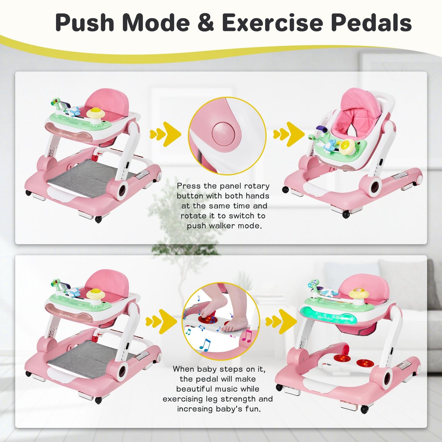 Baby Walker With Wheels, 5 In 1 Walker For Baby Boy Girl 6-12 Months With Bouncer, Music And Lights Baby Jumper Activity Center,