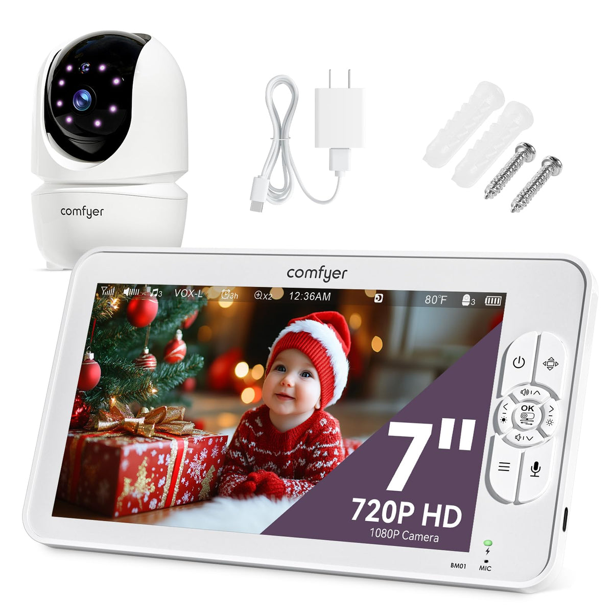 Comfyer BM01 Baby Monitor with Camera and Audio, 7 720P HD Video Baby Monitor No WiFi, 6000mAh Battery, VOX Mode, Auto Night Vision, Hack Proof, Remote PTZ
