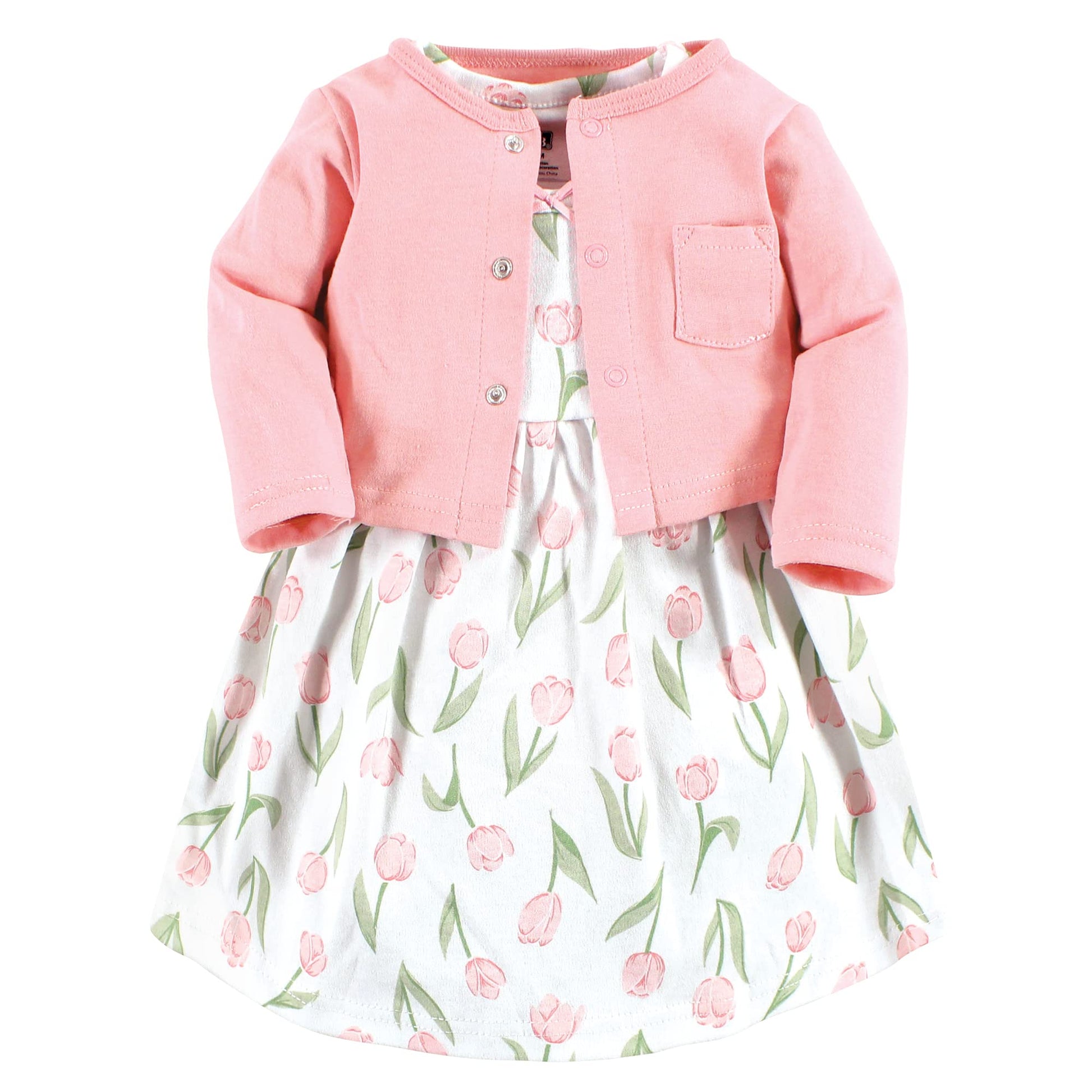 Hudson Baby Baby Girls Hudson Infant Girl Cotton And Cardigan Set, Pink Tulips, 0-3 Months Casual Dress, Pink Tulips, Months Us