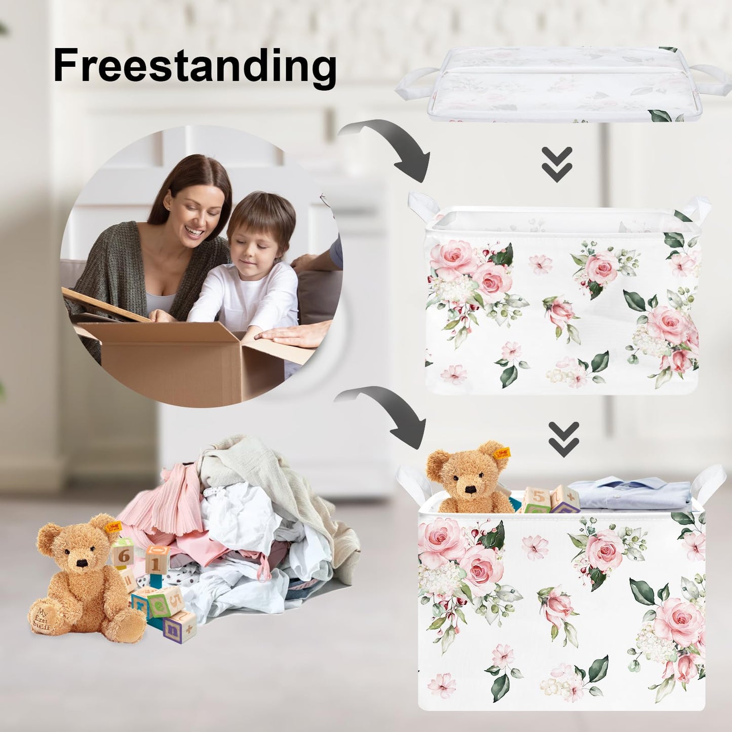 Clastyle Rectangle Rose Floral Baby Girl Gift Basket Outdoor Towel Storage Pool Toy Beach Blanket Basket Pink Flower Shelf Baske