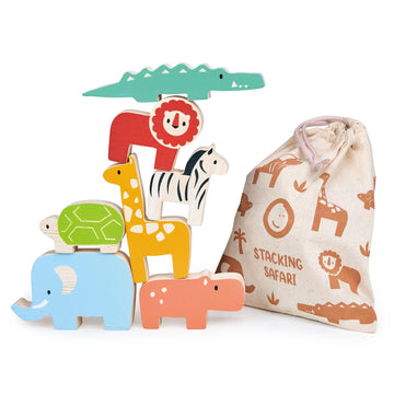 Mentari Toys - Happy Stacking Safari - 7pc Wooden Stacking Toy for Toddlers - Colorful Safari Balancing Activity Toy with Bag - 