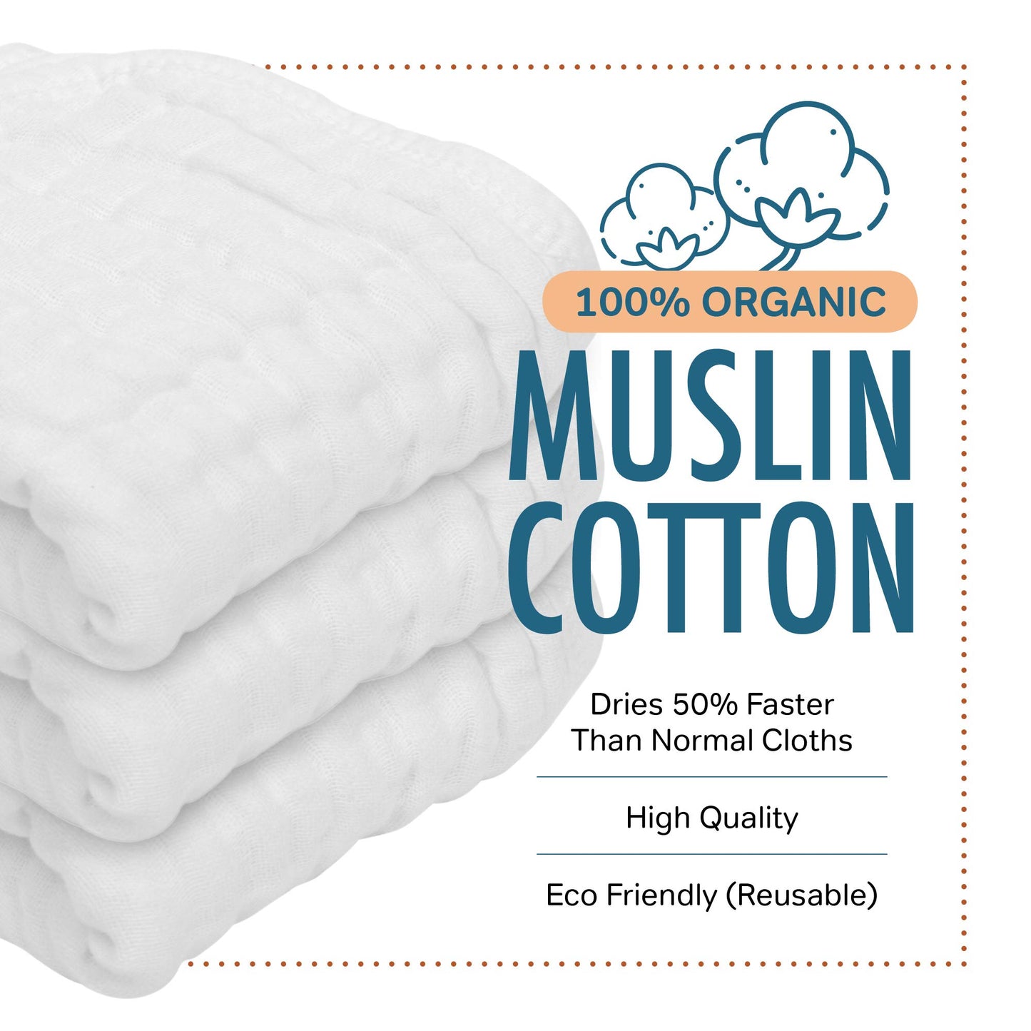 Allsett Health 10 Pack Muslin Burp Cloths Large 20' By 10' 100% Cotton, Hand Wash Cloth 6 Layers Extra Absorbent And Soft Whit