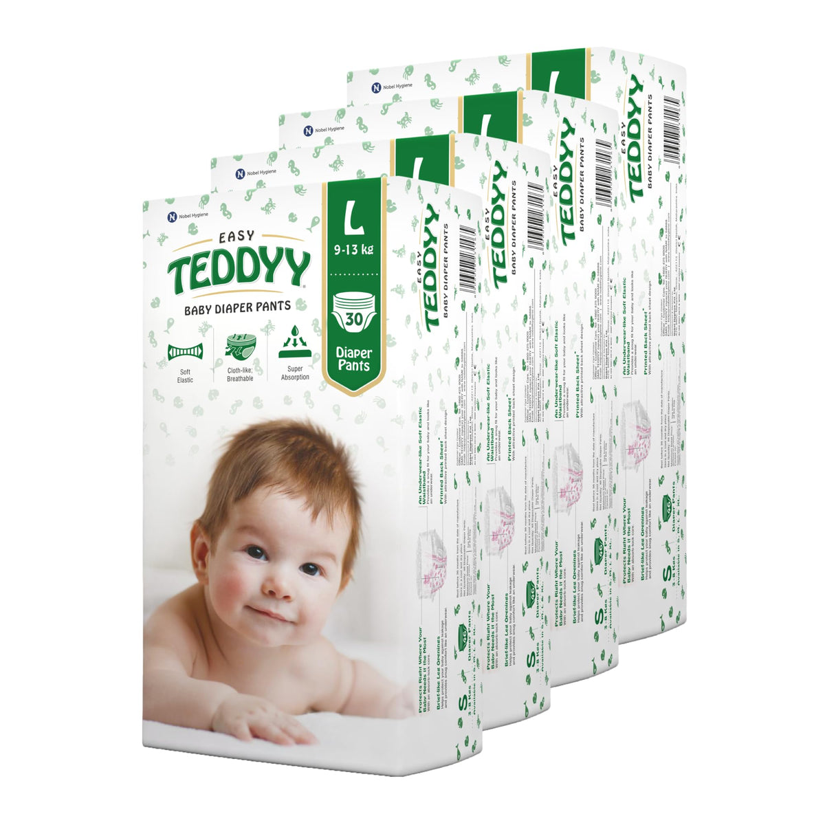 Teddyy Easy Baby L Size Diaper Pant Style | 120 Count (Large) | 914 Kg (Pack Of 4) | Long Protection Hours | AntiBacterial | A
