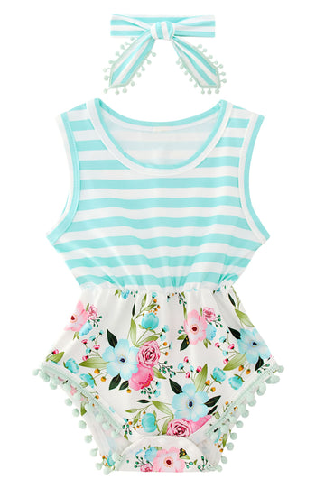 Ahegao 6-12 Months Baby Girls Blue Flower Bodysuits 3D Floral Print White Striped Onesie For Infants Lightweight Elastic Waist O