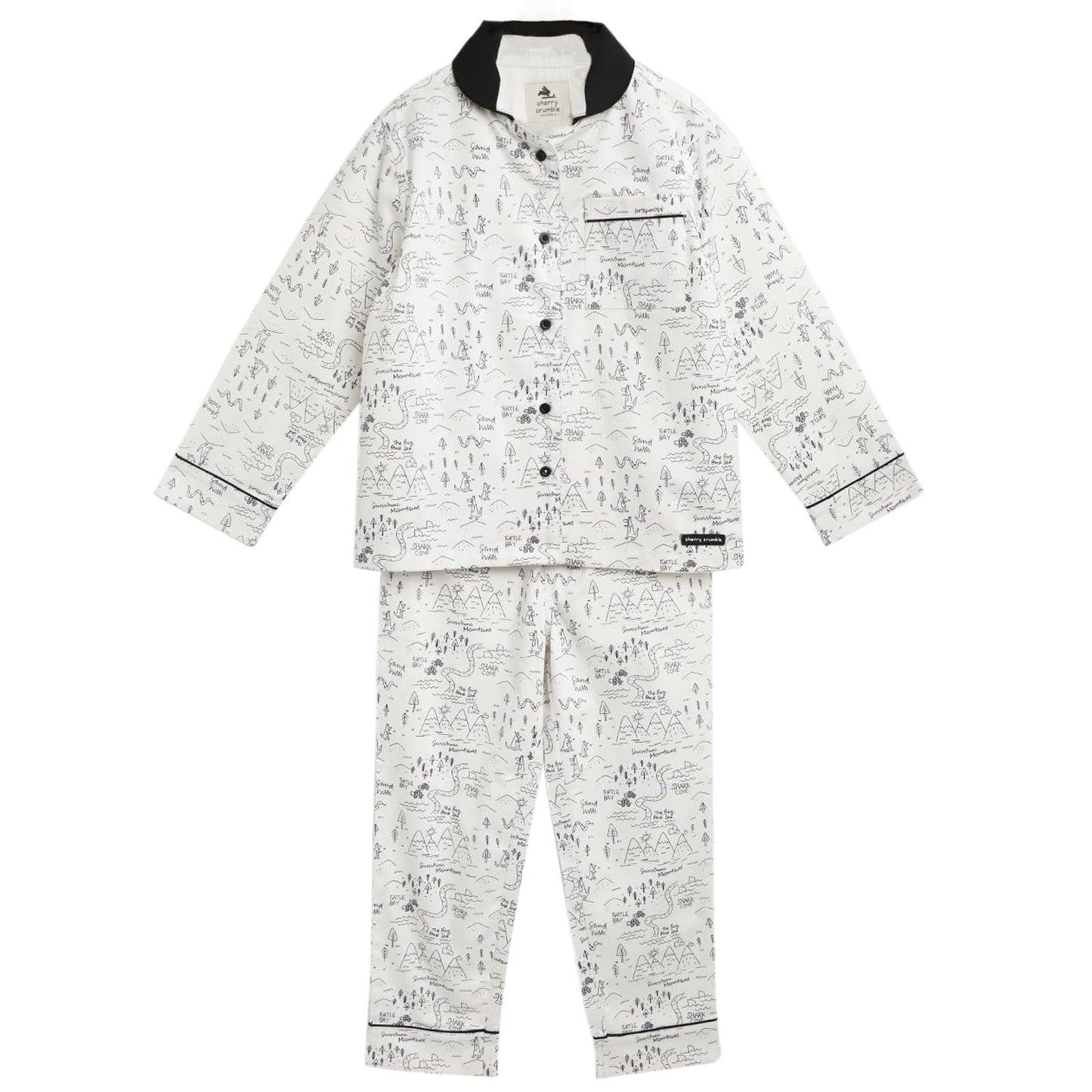 Cherry Crumble White Black Printed 100% Cotton Full Sleeves Collar Neck Night Wear Regular Fit Summer Nightsuit for Boys and Gir