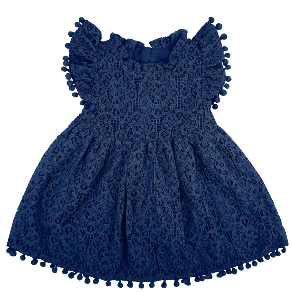 Bgfks Baby Girl Tutu Dress Elegant Lace Pom Pom Flutter Sleeve With Flower Headband Set(Navy,2T)