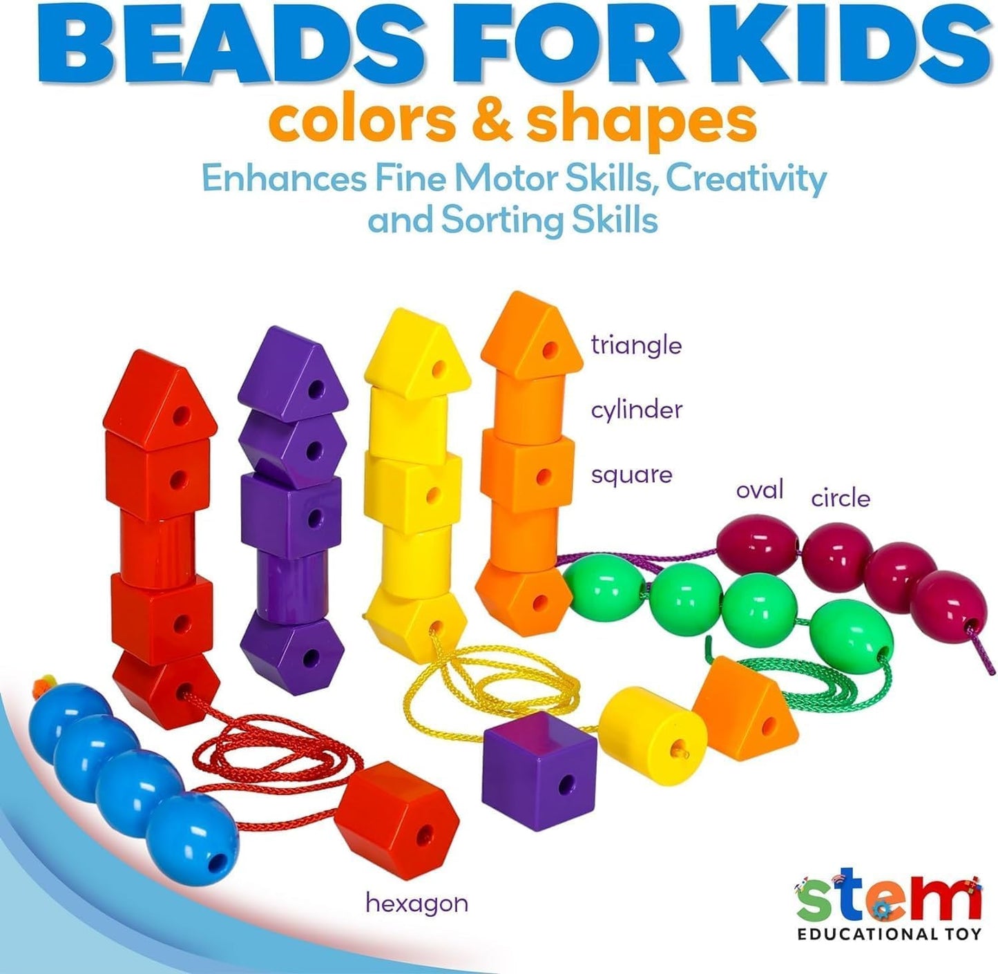 Skoolzy 46 Pcs Lacing Beads - Large Beads for Preschool Learning Activities, Sensory Toys for Toddlers 3-4, Autism Toys for Todd