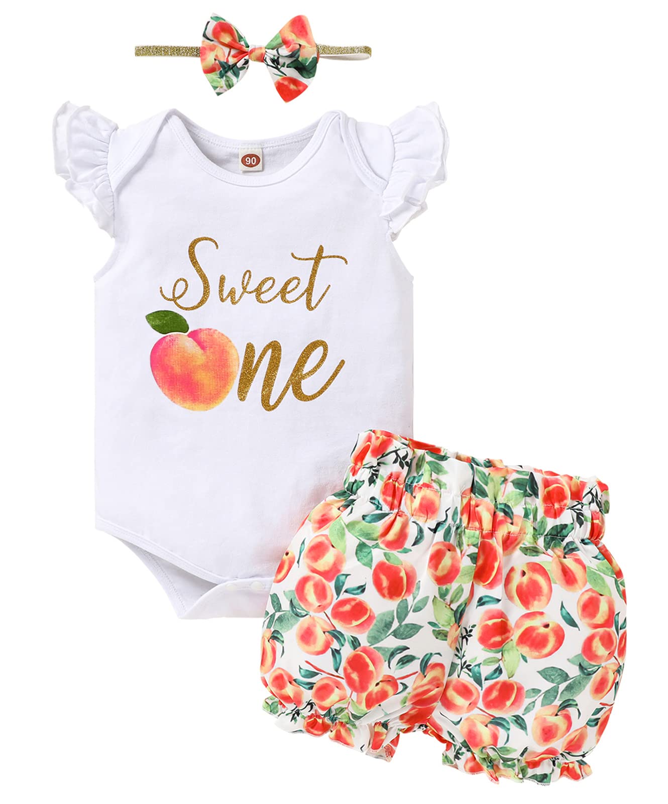 Grnshts Baby Girl One Birthday Outfits Ruffle Sleeve Romper+Peach Shorts+Headban WBBAPB09XBBMZCM