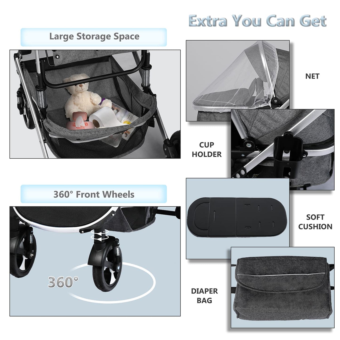 Kinder King 2 in 1 Convertible Baby Stroller, Folding High Landscape Infant Carriage, Newborn Reversible Pram, Diaper Bag, Anti-