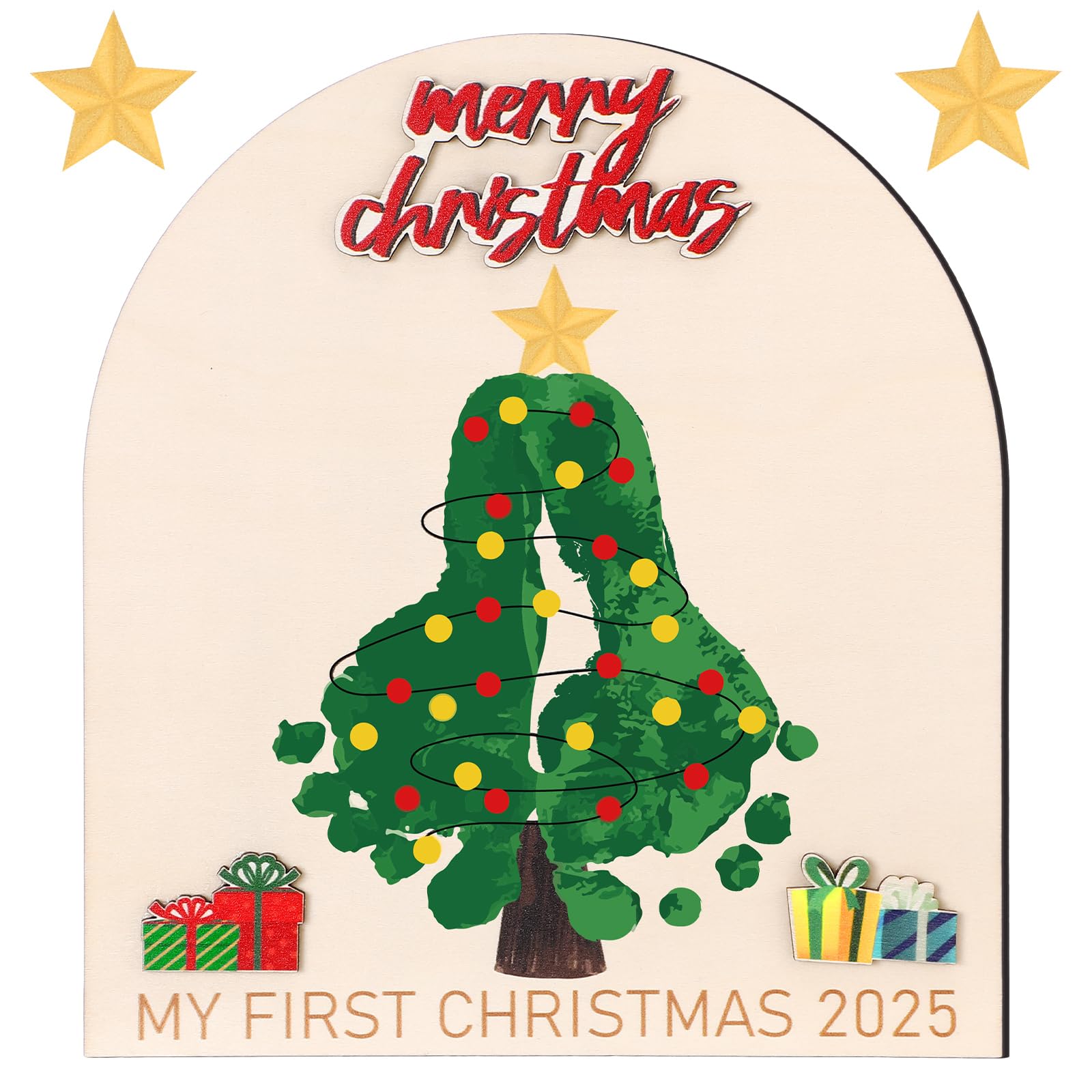 Thyle Babys First DIY Christmas Footprint Craft Wooden Christmas Tree Lights Decoration Xmas Rustic Hanging Ornament Nursery De