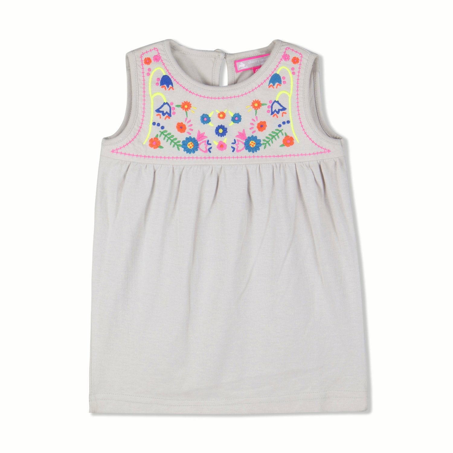 Cherry Crumble Grey Embroidered 100% Cotton Sleeveless Round Neck Casual Wear Comfort Fit Embroidered Summer Top for Girls