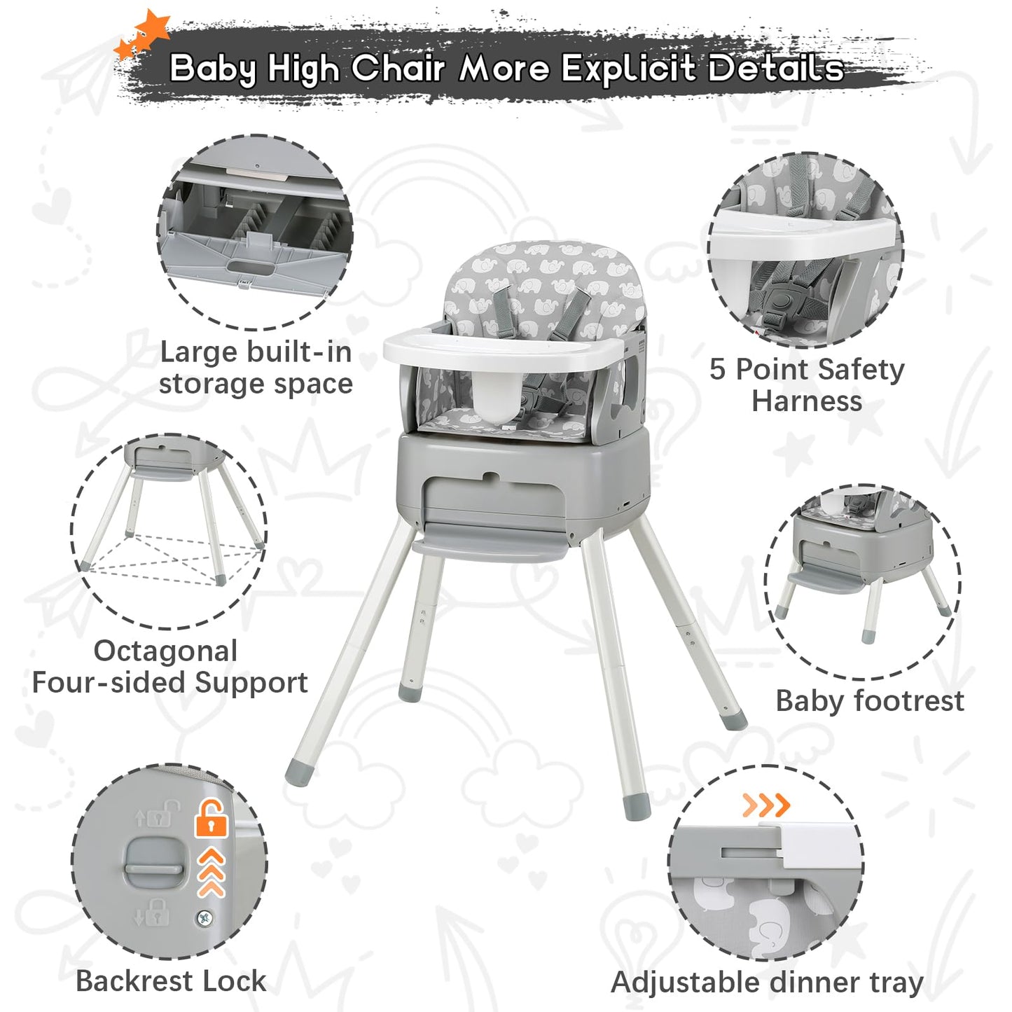 4 In 1 Portable Baby High Chair,Convertible Highchair For Babies & Toddlers-Foldable Infant Booster Seat,Carry Small Box,Dining