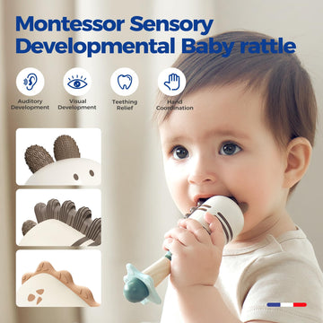 Evoceler Baby Toys, 2 Pac Dinosaur Rattles & Shaker Toys with Teether, Sensory Toys for 0+M Babies, Soft Silicone BPA Free, Perf