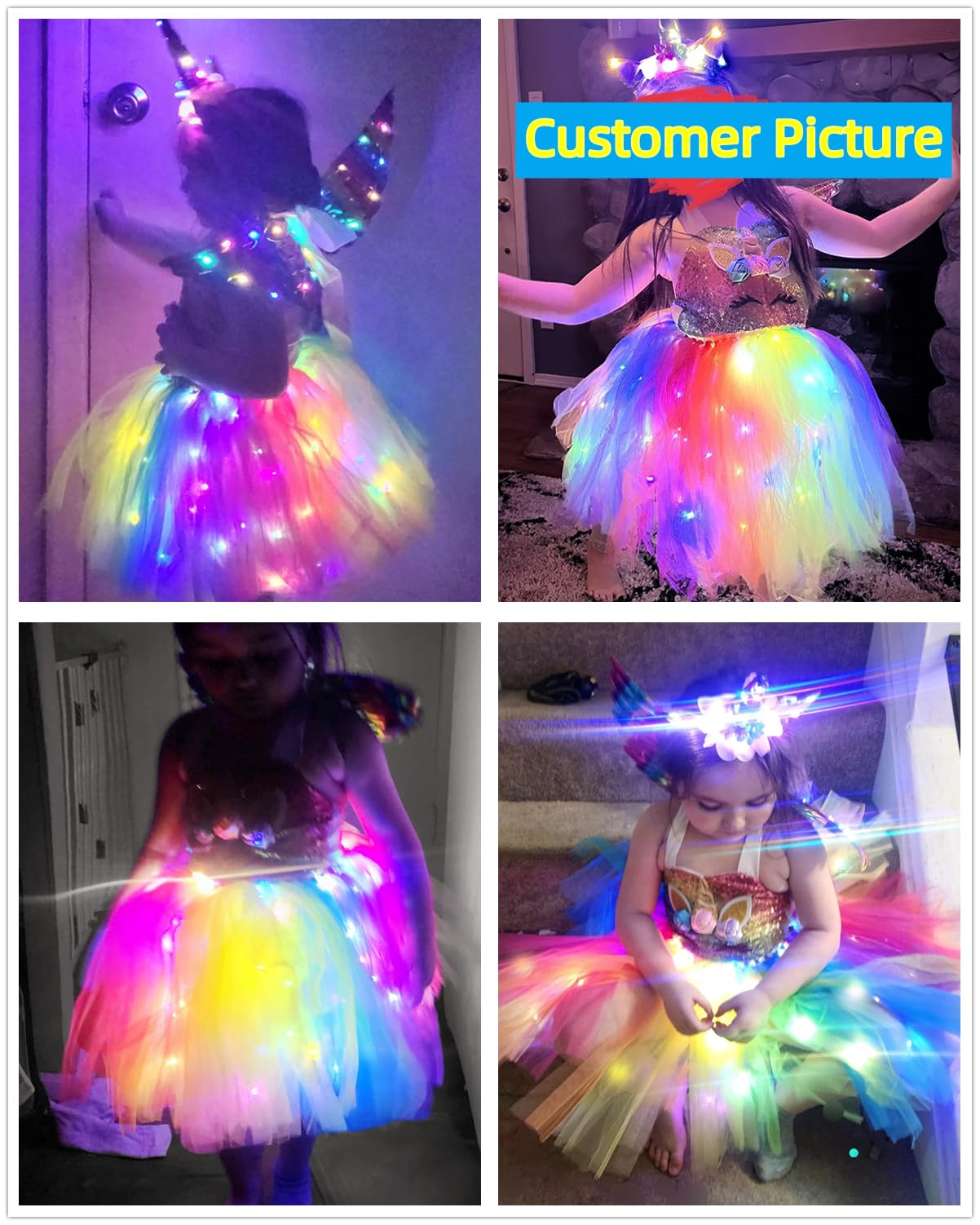 Shinyou Girls Unicorn Costume Dress Up Led Light Up Unicorn Tutu Dress Birthday Outfit For Halloween 7-8Y Deep Rainbow+Wing