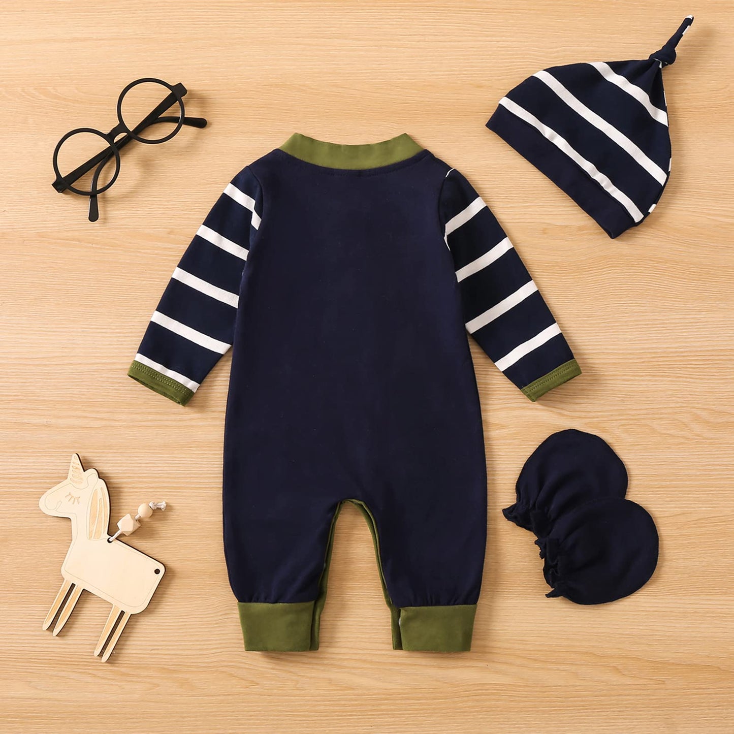 Grnshts Newborn Baby Boy Romper Coming Home Outfits Letter Print Bodysuit Jumpsuit+Hat+Gloves 3Pcs Clothes Set (Dark Blue+Stripe