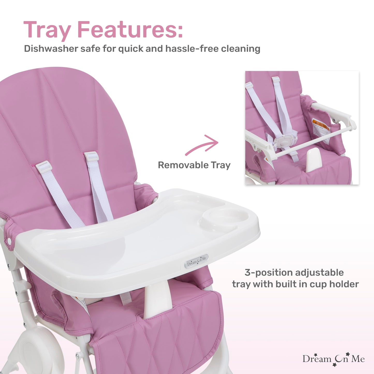 Dream On Me Snack and Stow Baby High Chair in Mauve - Easy to Fold and Store, Portable Travel Chair With Removable and Three Pos