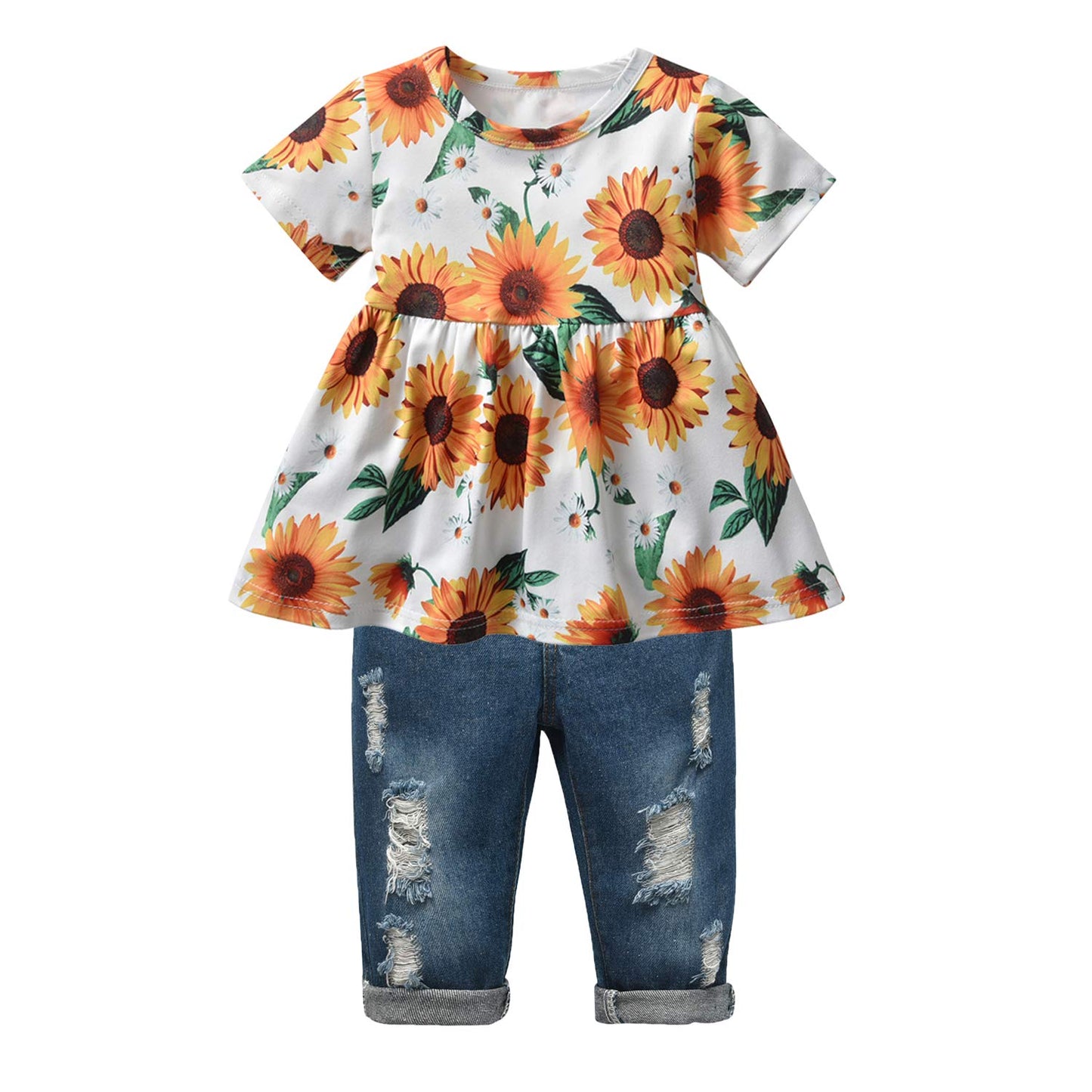 Derouetkia Girls Clothes Outfits Toddler Infant Baby Girl Short Sleeve Floral Ruffle Tops Ripped Jeans Pants Sets (4-5T) Yellow