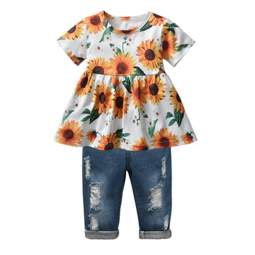 Derouetkia Girls Clothes Outfits Toddler Infant Baby Girl Short Sleeve Floral Ruffle Tops Ripped Jeans Pants Sets (4-5T) Yellow