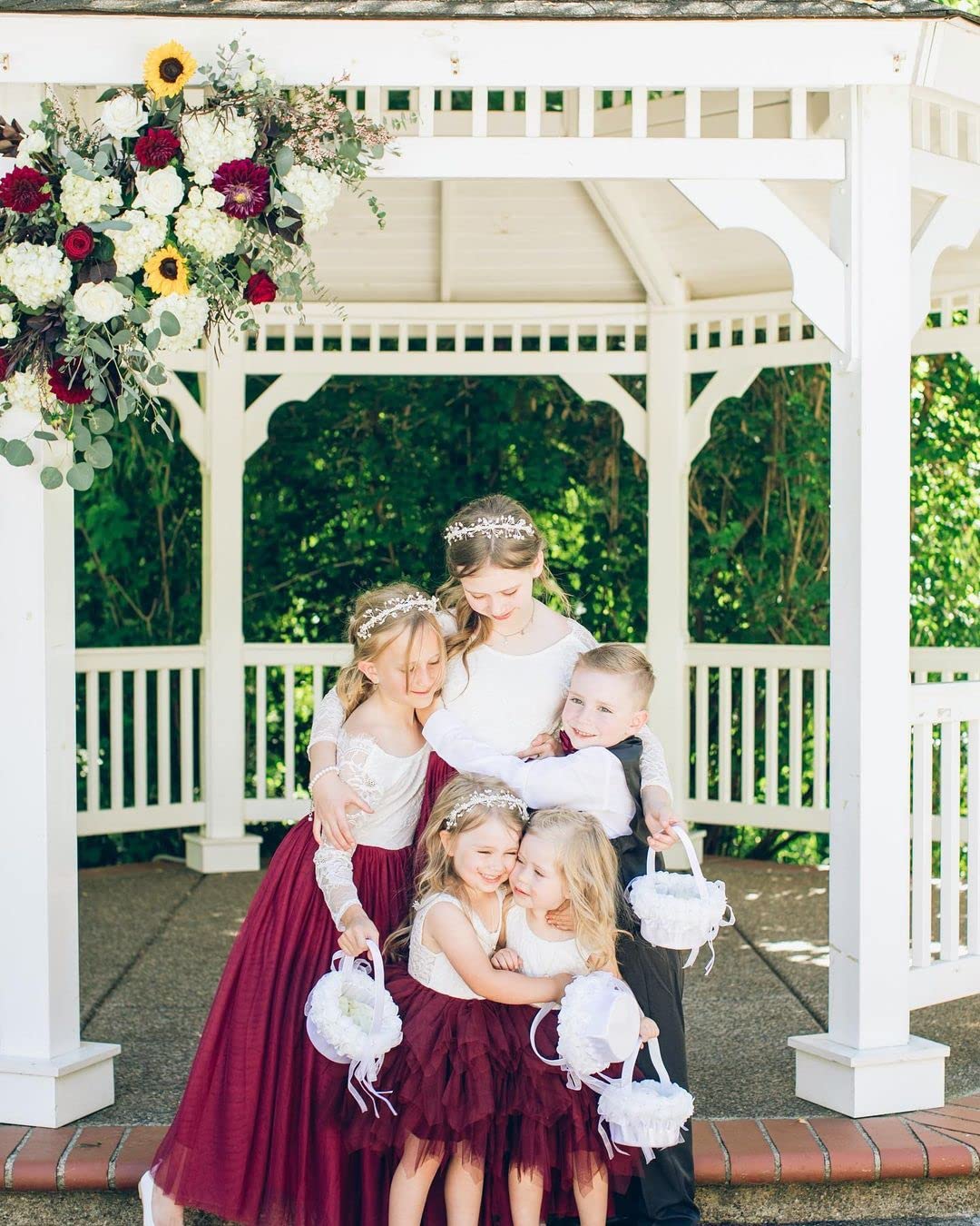 2Bunnies Girl Peony Lace Back A-Line Tiered Tutu Tulle Flower Girl Dress (Burgundy Sleeveless Short, 6)