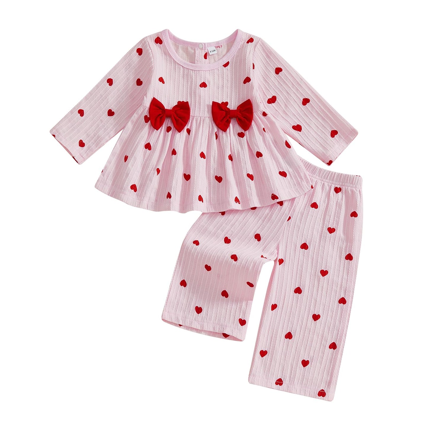 MOLZULAMS Valentines Day Toddler Girl Outfit Heart Pattern and Bow Ruffle Top Striped Pants 2pcs Set Baby Spring Clothes (Pink, 