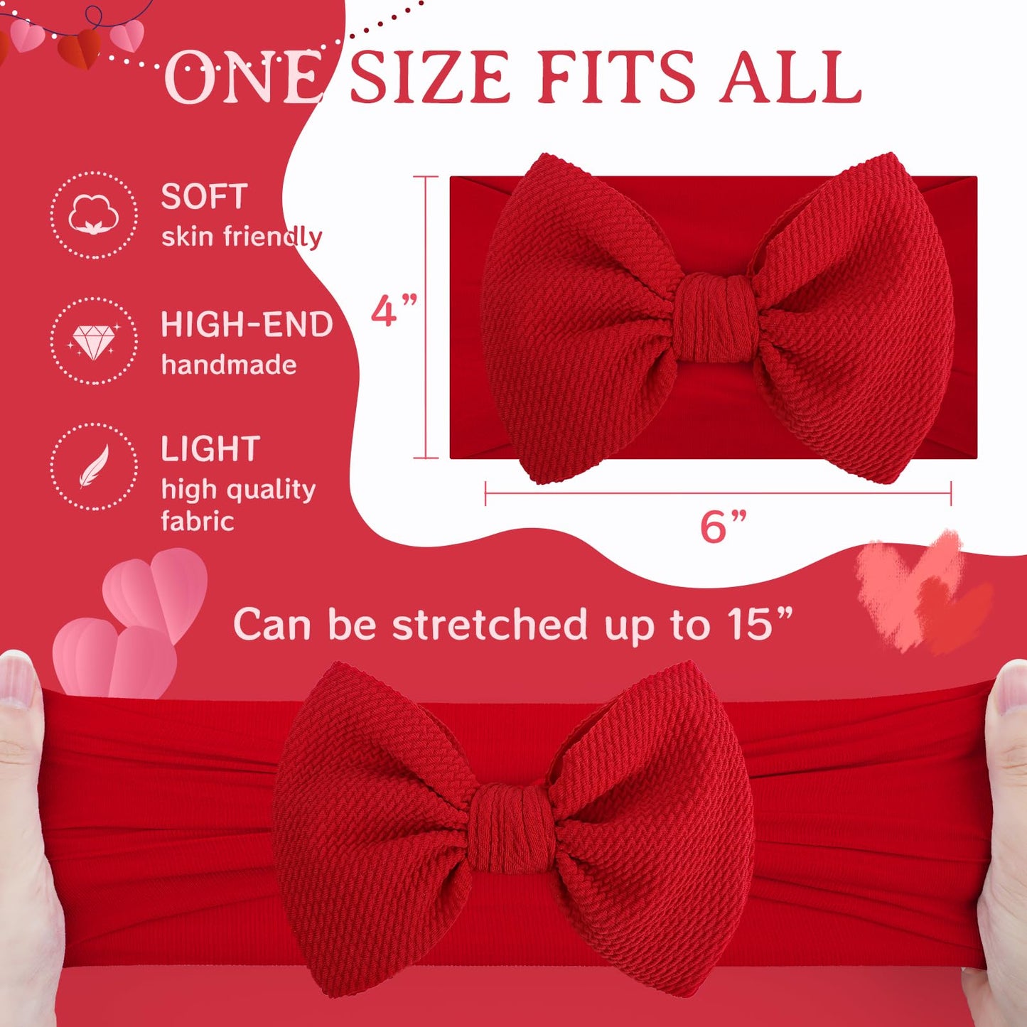 Oneninedream 6'' Large Valentines Day Bow Headbands For Baby Girls Soft Nylon Hairbands With Bows Valentines Hair Accessories Fo