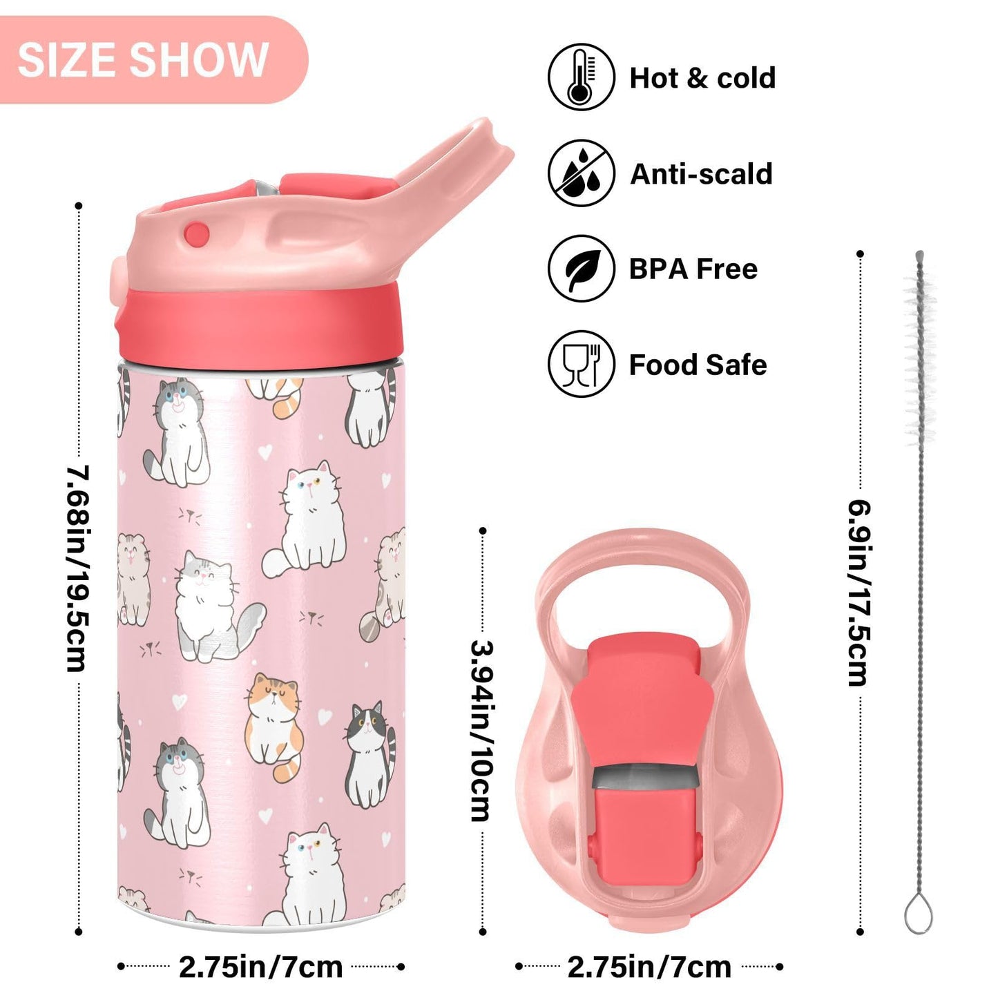 Cute Cat Kitty Girls Water Bottle With Straw And Carry Handle Cartoon Animals Pink Vacuum Insulated Stainless Steel Bottles Leak