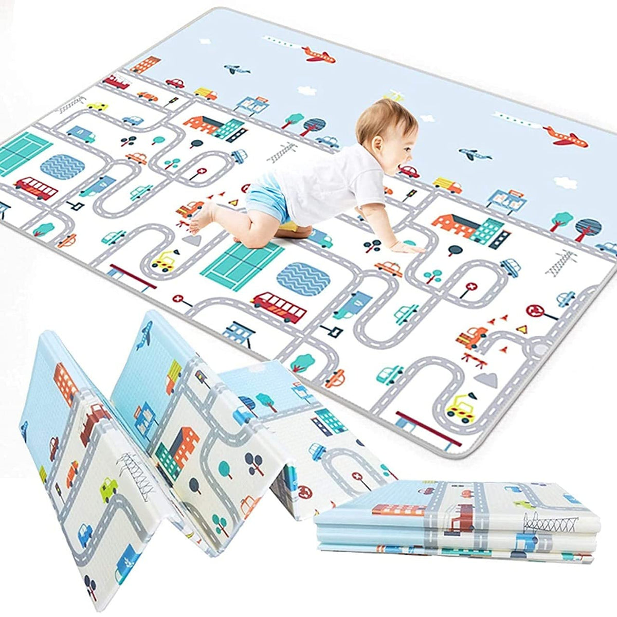 Easy Shope Printed Baby Playmat Folding Extra Large Track Design Waterproof Portable Double Sided NonSlip Reversible Baby Toddl