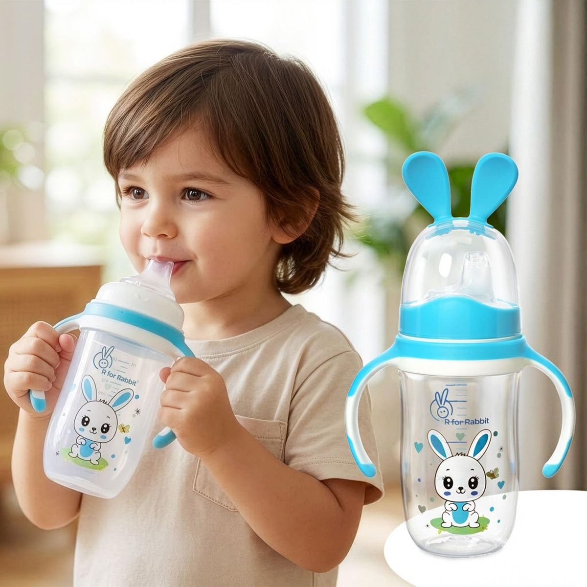 R For Rabbit Bunny Spout Sippy Cup 240 Ml Bottle, Soft Silicon Pp Spout Sipper For Kids Age Of 1 + Year  Blue