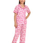 Maaesa Girls Pink Tropical Print Cotton Full Pant Night Suit Set | Shirt and Pyjama Set | Short Sleeves | Collar Neck | Lightwei