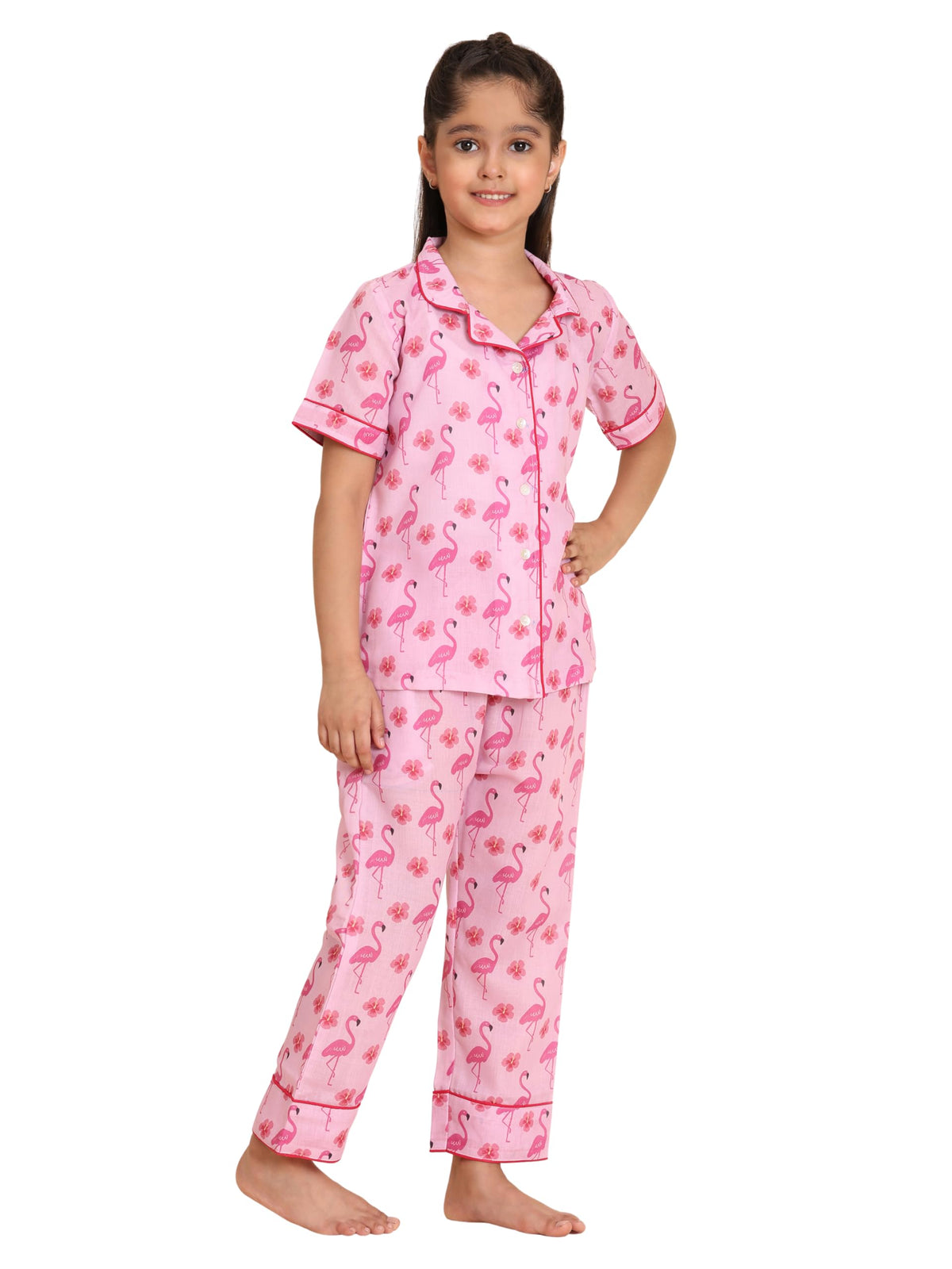 Maaesa Girls Pink Tropical Print Cotton Full Pant Night Suit Set | Shirt and Pyjama Set | Short Sleeves | Collar Neck | Lightwei