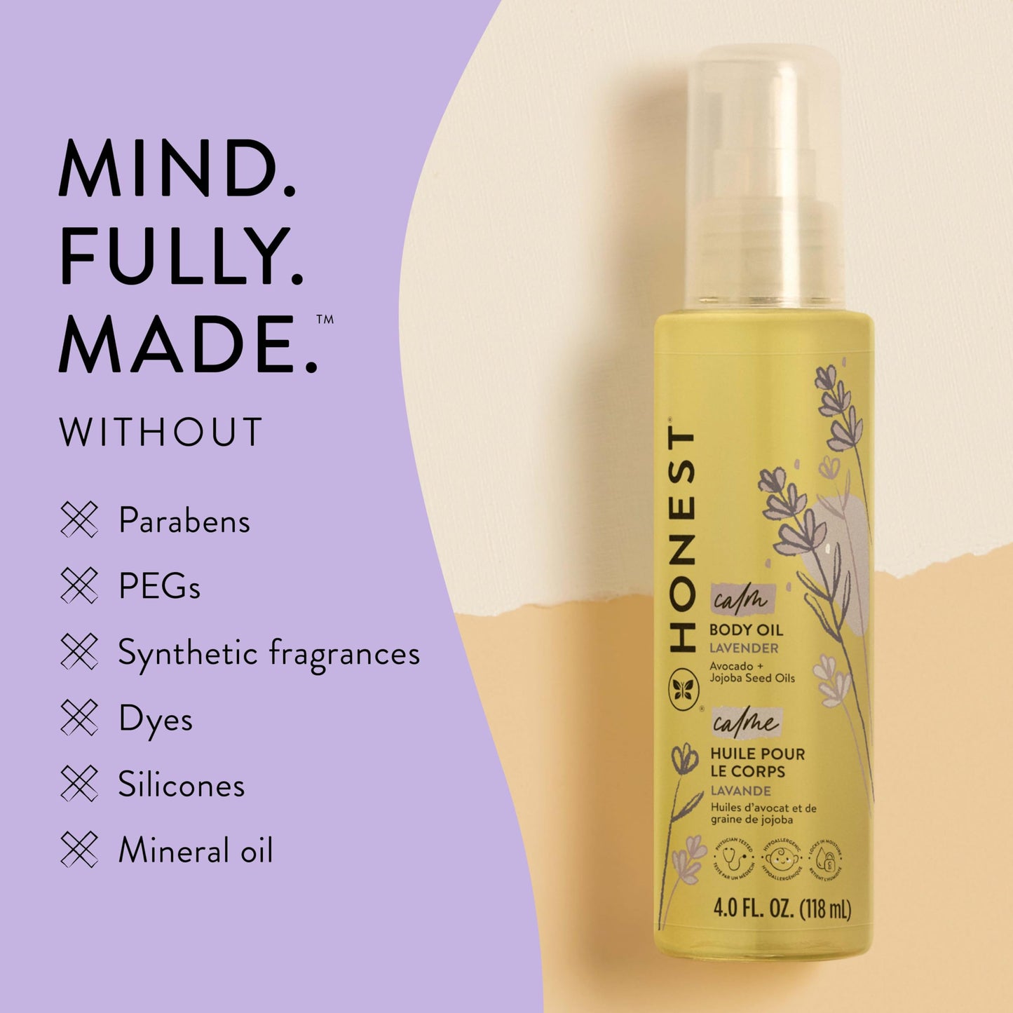 The Honest Company Lavender Infused Calming Body Oil  Gentle For Baby  Organic, Plant-Based, Hypoallergenic  4.0 Fl Oz