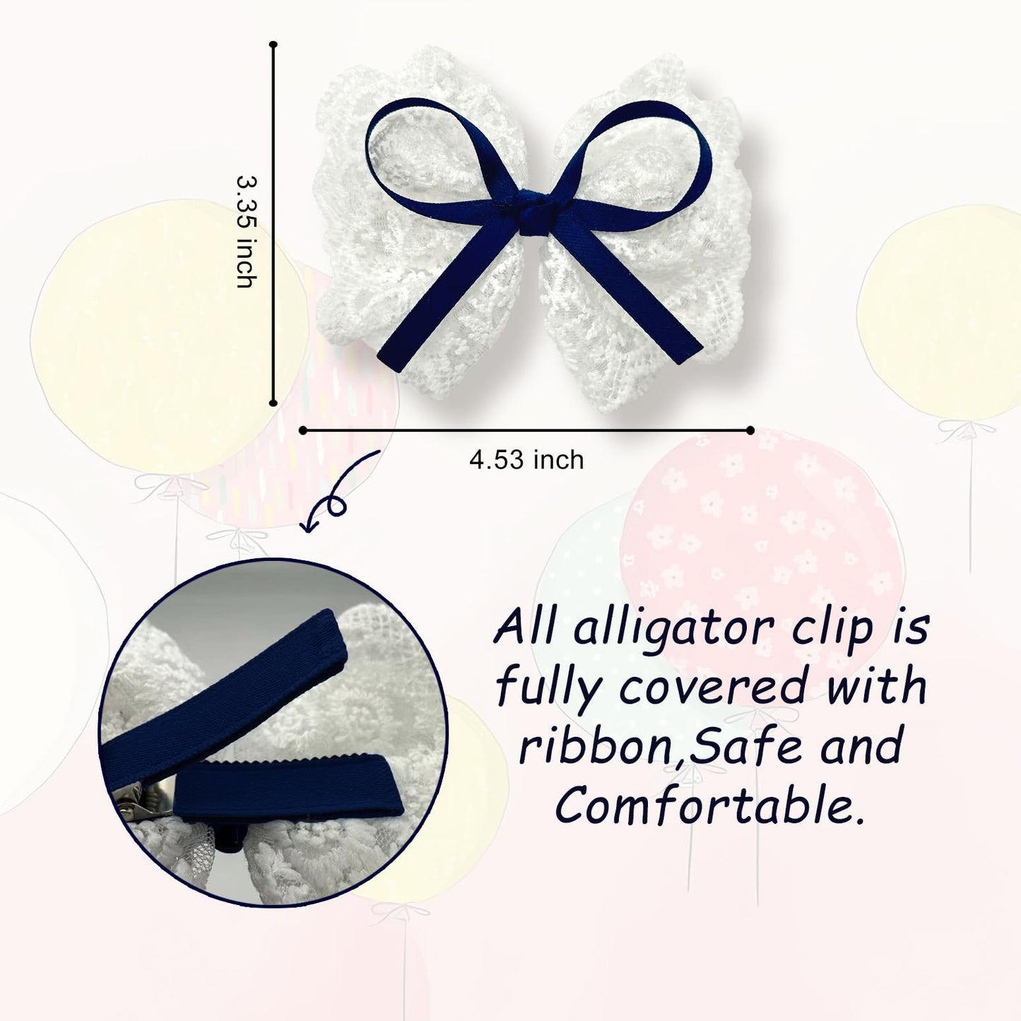 Lmymhmlm 2Pcs Navy Blue Hair Bows For Girls, White Lace Hair Bow With Navy Blue Hair Ribbon, Alligator Bow Hair Clips, Hair Barr