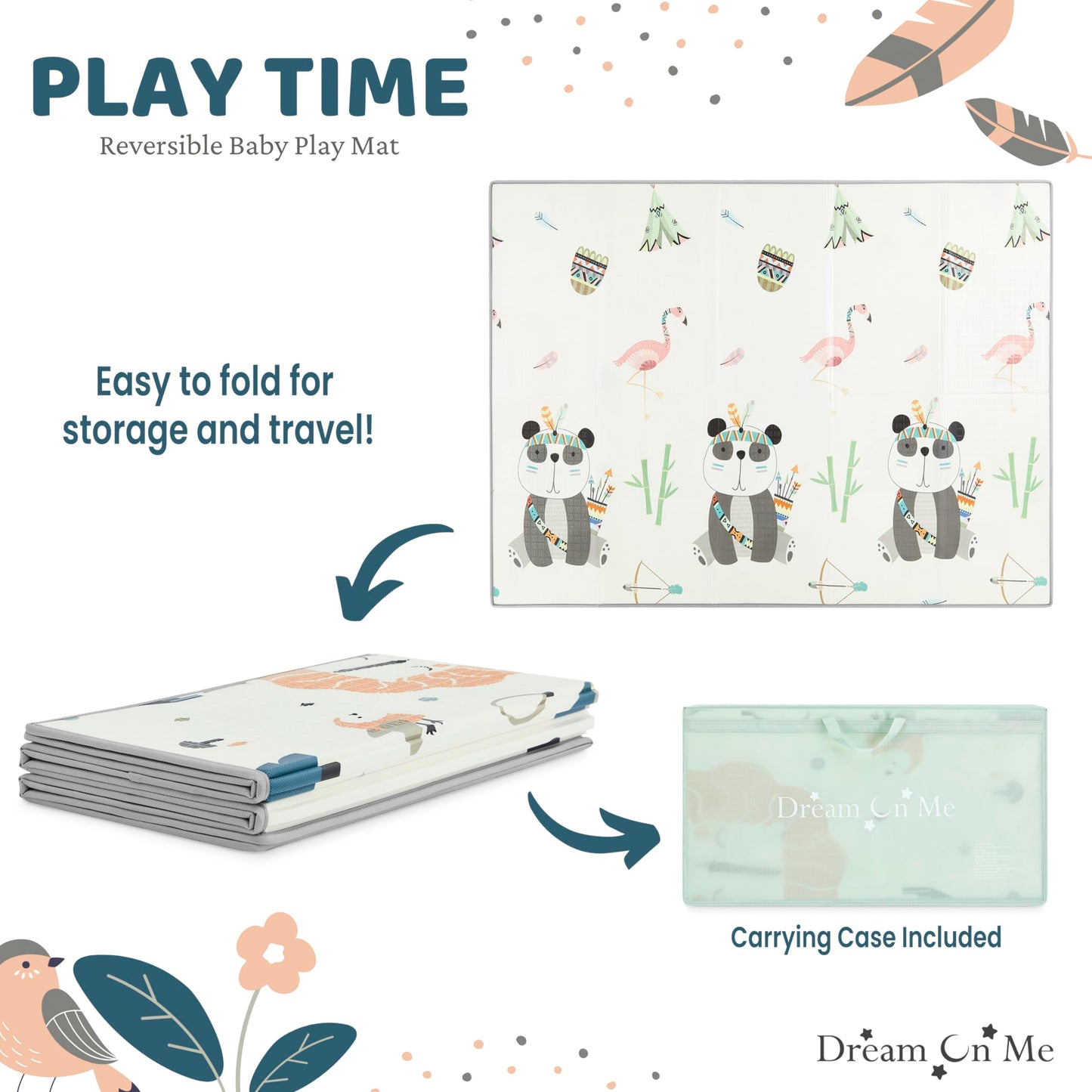 Dream On Me Play Time Reversible Baby Play Mat Foldable Extra Large Thick Foam Crawling Playmats For Toddlers Waterproof Portabl