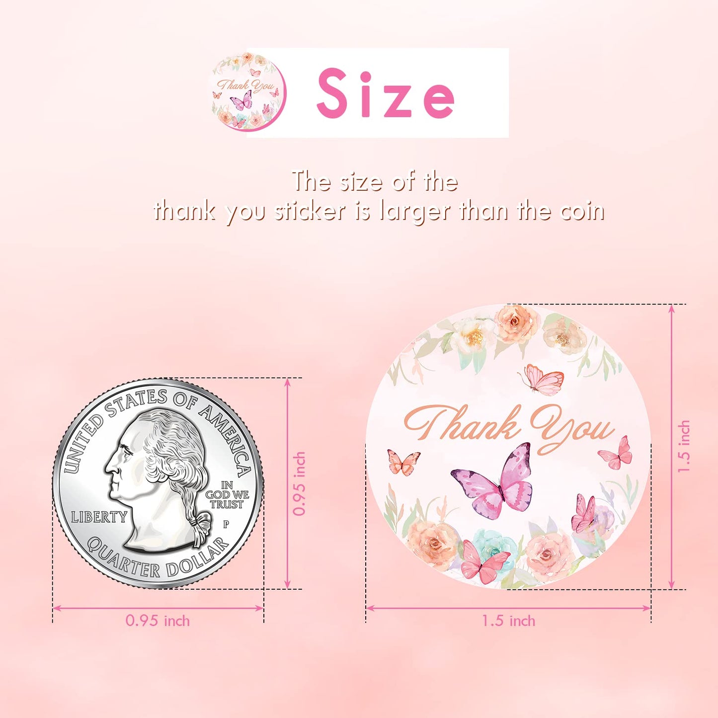 Heyfibro 500 Pcs Thank You Sticker Roll, 1.5' Butterfly Thank You Stickers Labels For Small Business, Baking Packaging, Round S