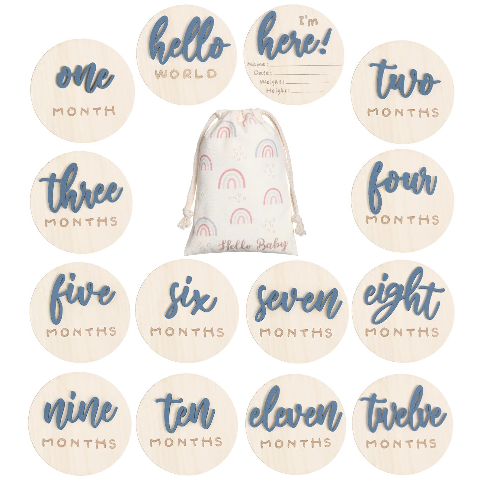 Burbell 7 Pack 3D Baby Monthly Milestone Card Signs Baby Announcement Sign Double Sided Hello World Newborn Signs Wooden Circles