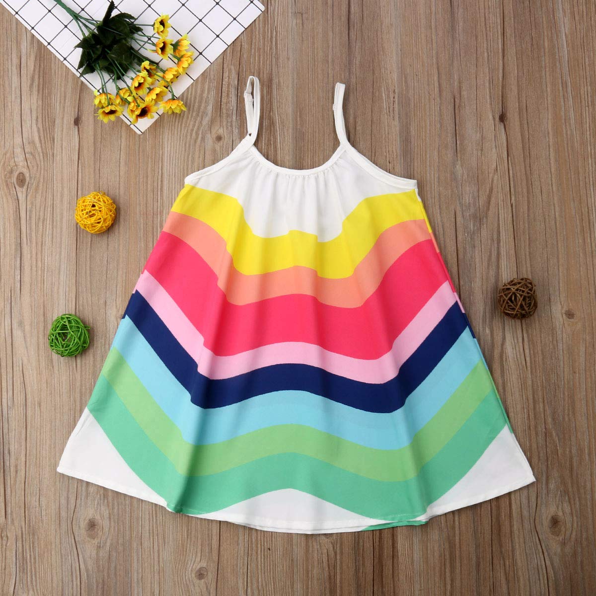 Toddler Baby Girl Summer Boho Rainbow Stripe Spaghetti Strap Beach Sun Dress (Rainbow, 5-6T)
