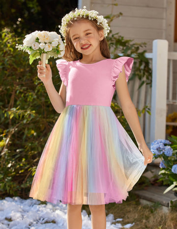 Flypigs Toddler Tutu Dress Girls Fluffy Summer Dresses Cute Pink Rainbow Flower Valentine Pageant Dress For 2 Years