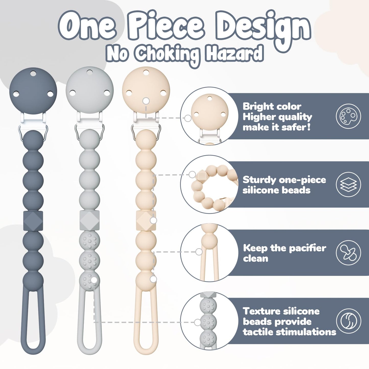Tyry.Hu 3 Pack Silicone Pacifier Holder Clip With One Piece Beads For Boys And Girls, Soft Flexible Pacifier Clip, Rust-Free Bin