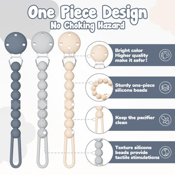 Tyry.Hu 3 Pack Silicone Pacifier Holder Clip With One Piece Beads For Boys And Girls, Soft Flexible Pacifier Clip, Rust-Free Bin