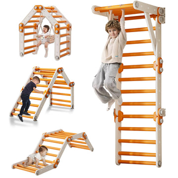 HTWELL Toddler Climbing Toys,Kids Pikler Triangle Set,Montessori Indoor Play Gym,Multifunction Foldable Indoor Climbing Gym for 