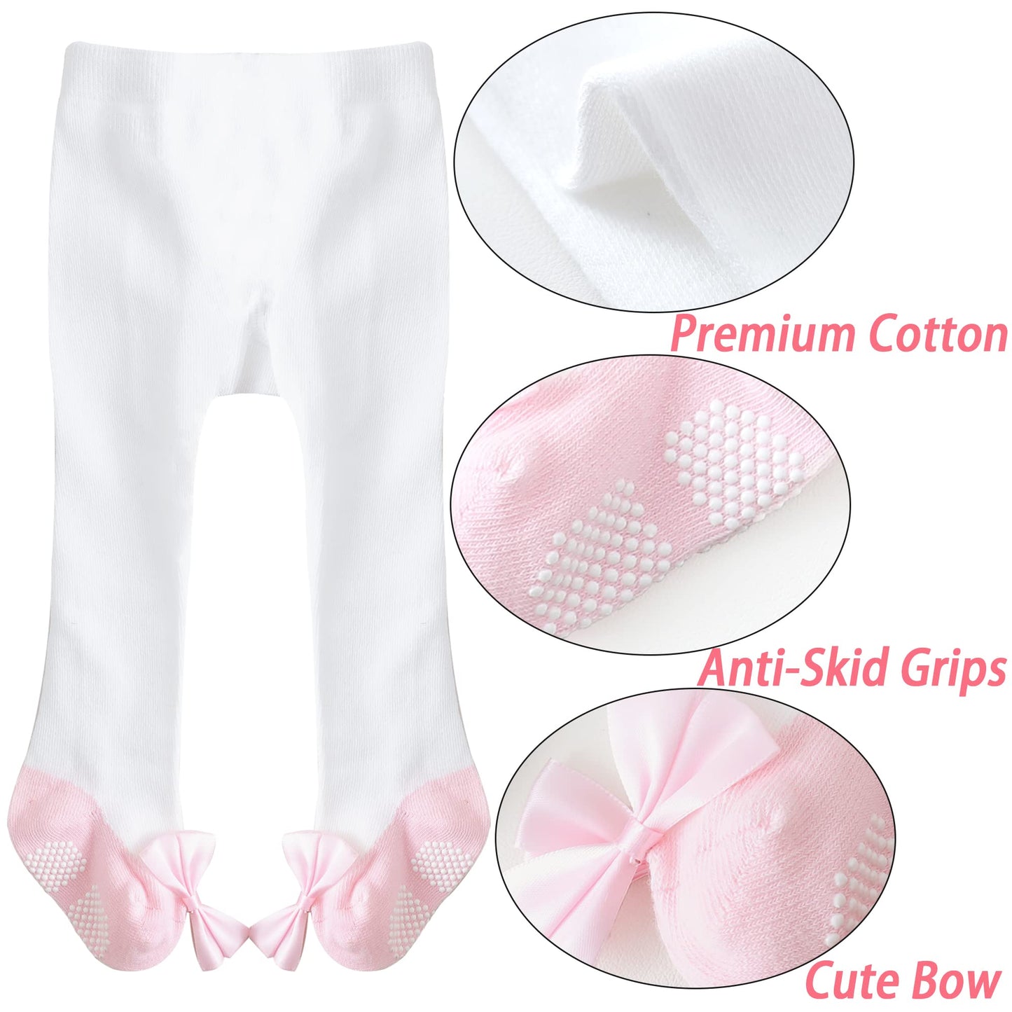 Baby Girl Tights Non Slip Baby Tights Shoe-Look Leggings Bow Cotton Pantyhose 12-24 Months For Toddler 2 Pack (Black, Pink, M)