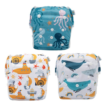 Babygoal Baby Swim Diapers 3 Pack For 0-8 Months Infant Girls And Boys, Reusable Adjustable Washable For Swimming Lessons-Shark